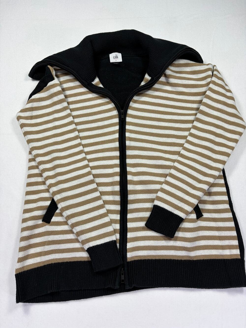 Cabi Womens S Striped Zip Cardigan Jacket Black Tan White Cotton Knit Sweater